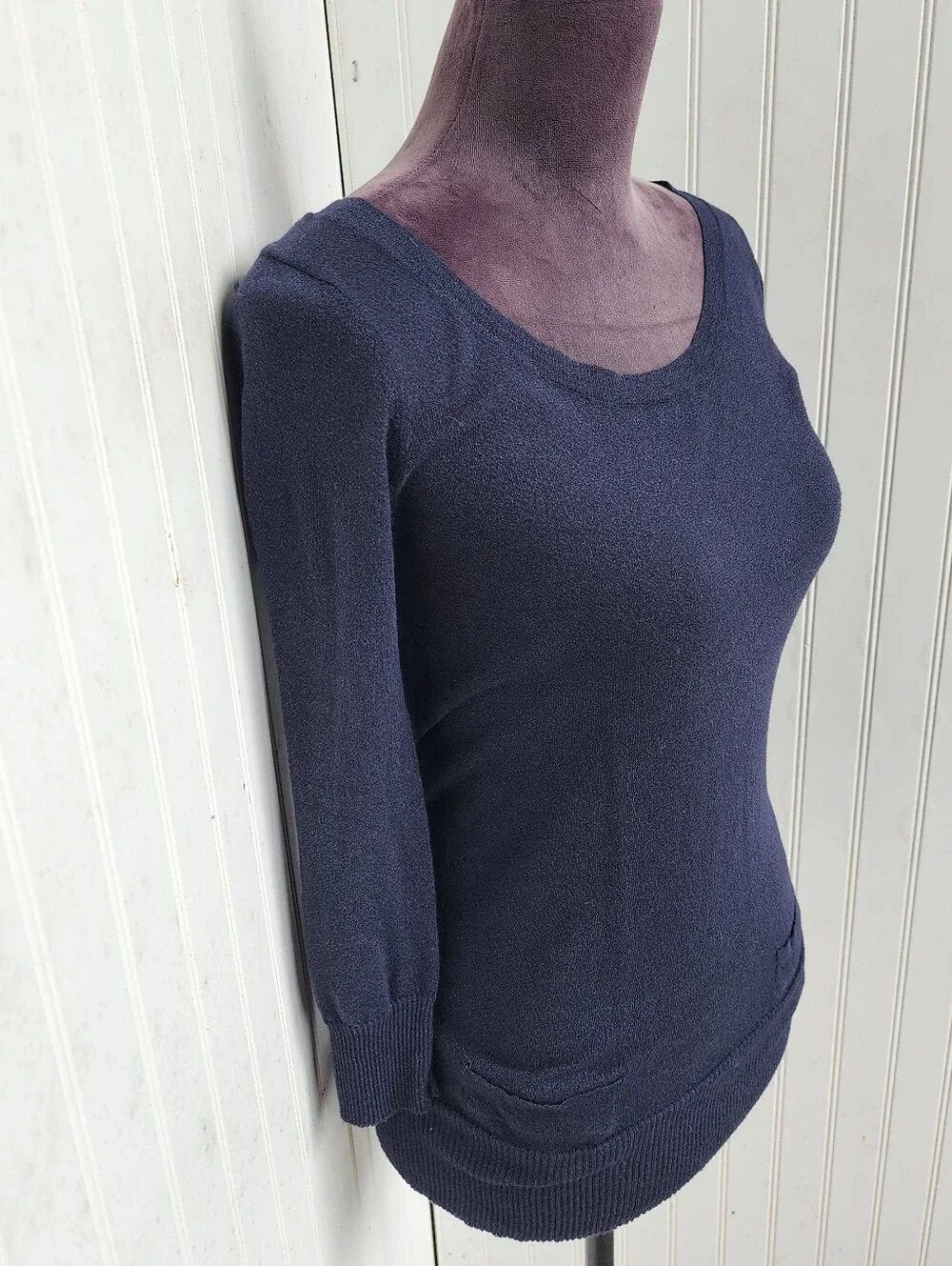 J Crew Women's Thin Sheer Knit Sweater  Dark Night Blue Crew Neck Pockets XS